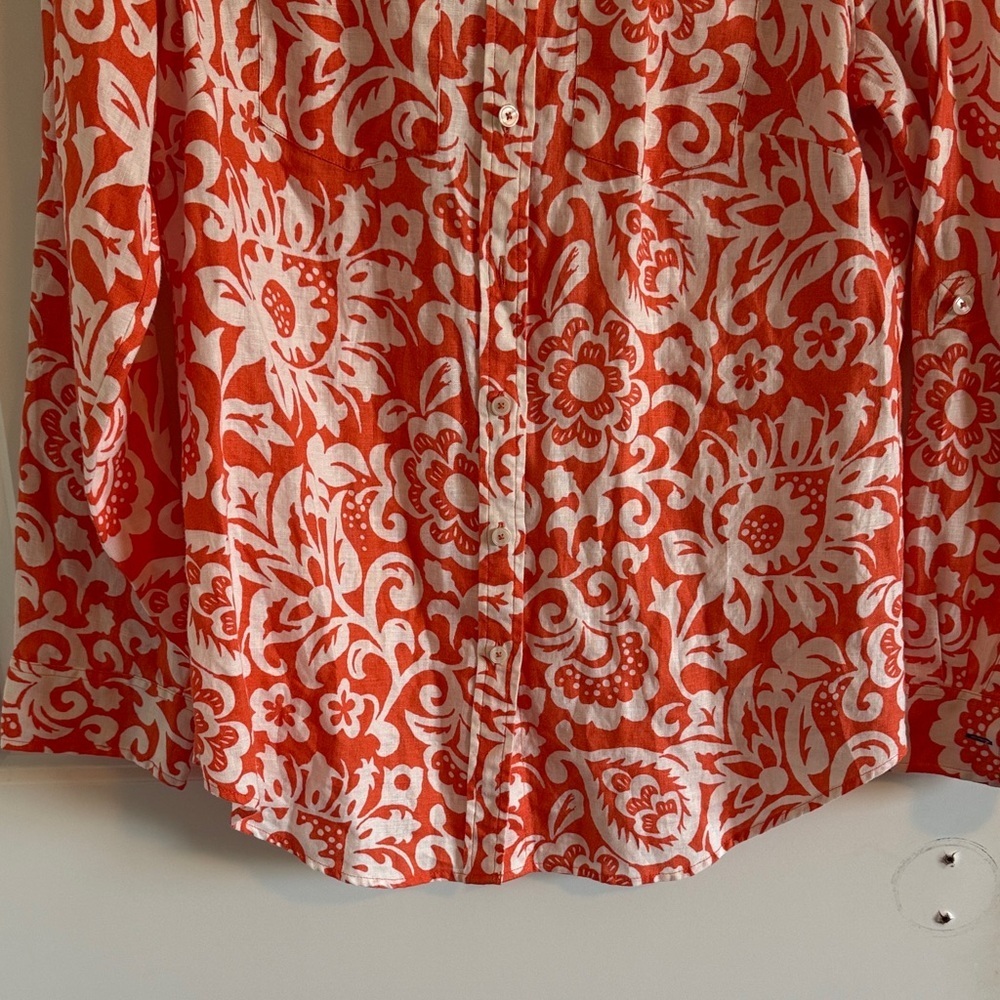 100% Linen Talbots Orange and White Floral Button-Up Shirt Size Small - Picture 4 of 7